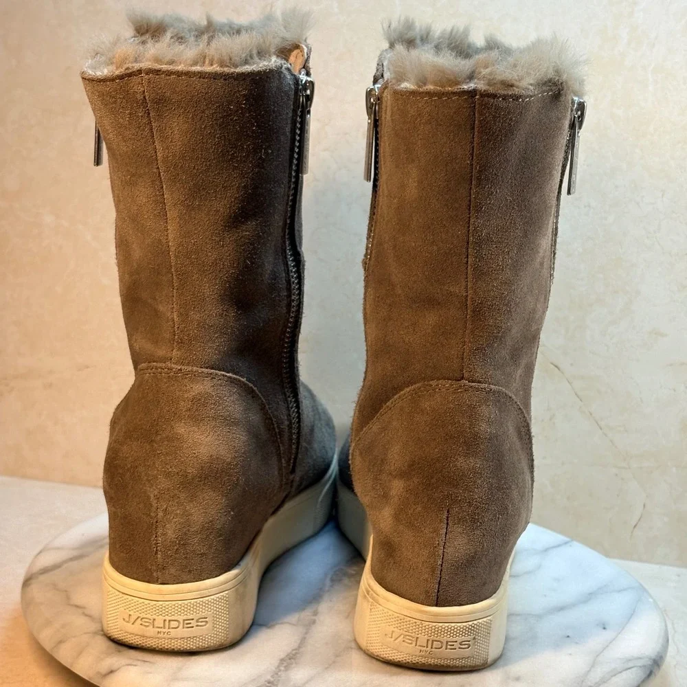 J Slides NYC Winnie Taupe Suede Fur Lined Wedge Heel Boots Women‎ Size 8M Winter